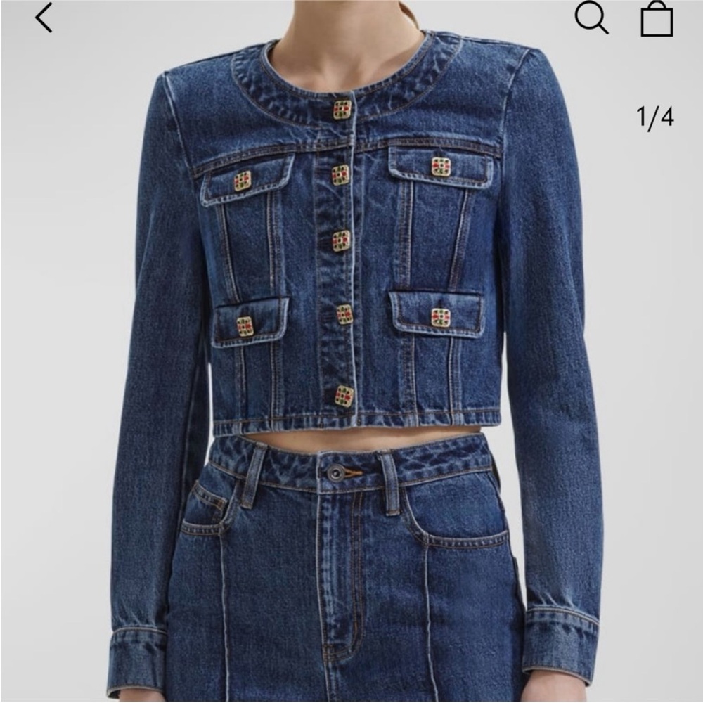 Self-Portrait Dark Blue Denim Cropped Jacket embellished buttons